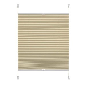 Beżowa roleta plisowana t.b.t. do okien ze sznurkami.