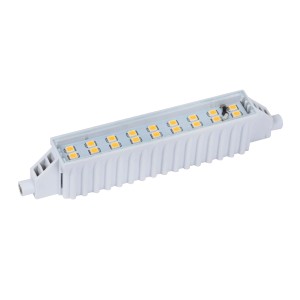 Żarówka LED R7S t.b.t., biała oprawka z żółtymi diodami LED.