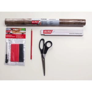 Zestaw folii samoprzylepnej d-c-fix z folią, raklem, nożykiem, ołówkiem i nożyczkami