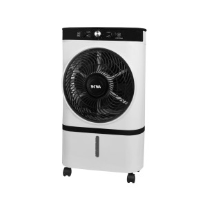 Biały, mobilny klimatyzator t.b.t. z kółkami i czarną kratką wentylatora.