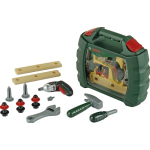Bosch Workcase Ixolino walizka z narzędziami, wkrętarka akumulatorowa, młotek, klucz i akcesoria.