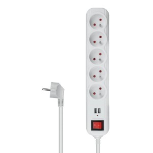 DPM Listwa ochronna z wyłącznikiem 5-gniazdowa 2P+Z + 2xUSB-A biała 1,5 m