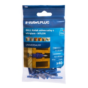 Opakowanie kołków uniwersalnych Rawlplug 4ALL z wkrętami, nylonowe, 40 sztuk.