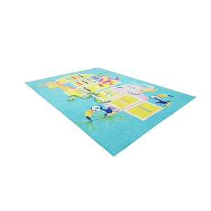 Turkusowy dywan ze zwierzętami z dżungli i grą w klasy.