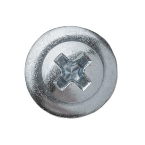 Zbliżenie srebrnej śruby z krzyżowym wgłębieniem.