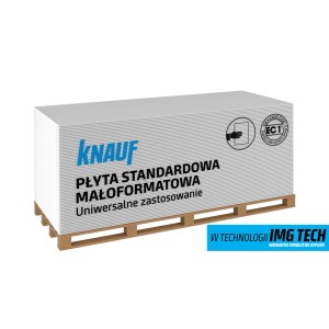 Stos płyt kartonowo-gipsowych Knauf na palecie. Idealne do suchej zabudowy i wnętrz.
