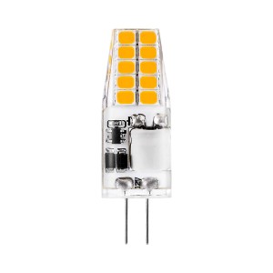 Zbliżenie żarówki LED G4 z żółtymi diodami LED.
