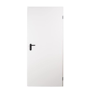 Białe drzwi stalowe z czarną klamką.