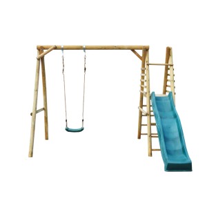 Drewniana huśtawka ze zjeżdżalnią i drabinką do zabawy dla dzieci na świeżym powietrzu.