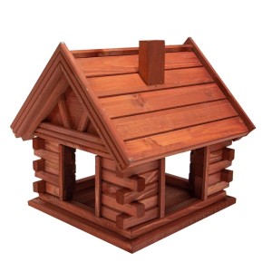 Drewniany karmnik dla ptaków w stylu chaty z bali do ogrodu.