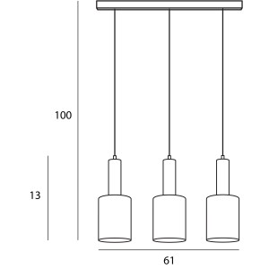Szkic lampy wiszącej t.b.t. z trzema kloszami i wymiarami.