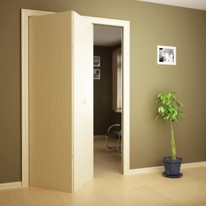 Otwarte, jasne drzwi z pasującą prowadnicą w nowoczesnym pokoju.