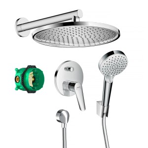 Zestaw prysznicowy t.b.t. z głowicą, słuchawką, armaturą i wężem prysznicowym w chromie.