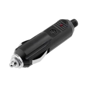 Czarny adapter ładowarki samochodowej t.b.t. do akcesoriów telefonicznych z czerwoną diodą LED.