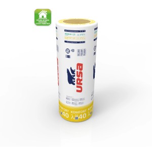 Rola wełny mineralnej Ursa do izolacji, białe opakowanie z logo.