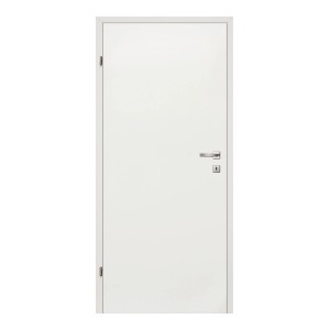 Białe drzwi wewnętrzne z srebrną klamką.