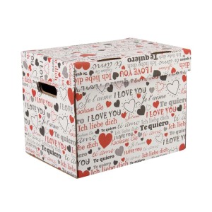 Ozdobne pudełko kartonowe z sercami i wyznaniami miłosnymi, idealne do przechowywania.