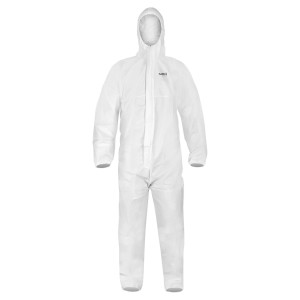 Biały kombinezon ochronny t.b.t. z kapturem do odzieży roboczej.