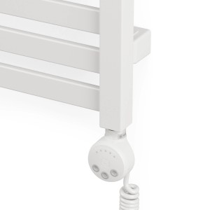 Zbliżenie białego grzejnika t.b.t. z elementami sterującymi.