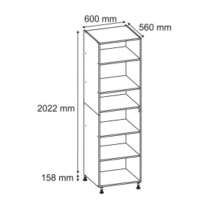 Rysunek techniczny: Wysoka szafka z 6 przegródkami, wymiary 600x560x2022 mm, do przechowywania.