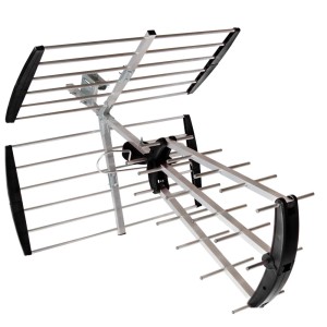 Srebrna antena z czarnymi elementami dla optymalnego odbioru.