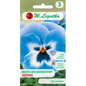 Opakowanie nasion bratka 'Adonis' z niebieskimi kwiatami. Nasiona kwiatów na rabaty i balkony.