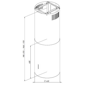 Rysunek techniczny: Okap wyspowy z wymiarami (wysokość, średnica).