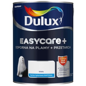 Puszka z białą farbą Dulux Easycare+, matowa farba do ścian wewnętrznych.