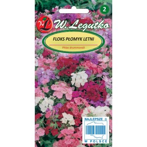 Opakowanie nasion floksa letniego (Phlox drummondii) z kolorowymi kwiatami.