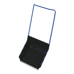 Czarna łopata do śniegu z niebieskim uchwytem do łatwego odśnieżania.