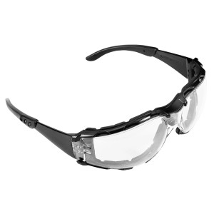 Okulary ochronne z przezroczystymi szkłami i czarną oprawką dla optymalnej ochrony oczu.