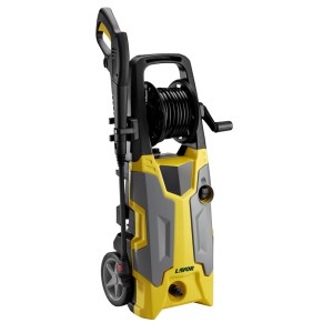 Żółto-szara myjka ciśnieniowa z bębnem na wąż i kołami.