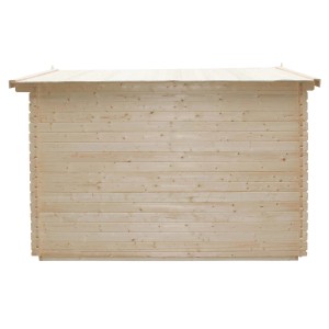 Drewniany domek t.b.t. z naturalnego drewna, widok z boku.