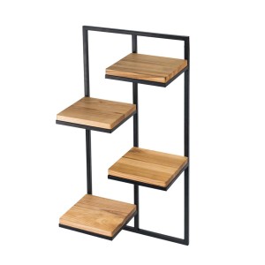 Stojak na kwiaty z czterema drewnianymi półkami i czarną metalową ramą.
