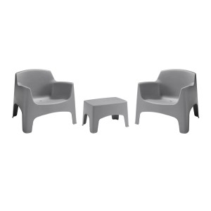 Szary zestaw mebli balkonowych: 2 fotele i 1 stół. Idealny na małe balkony.