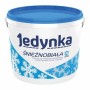 Wiadro białej farby do ścian Jedyka z niebieską pokrywką i wzorem płatków śniegu.
