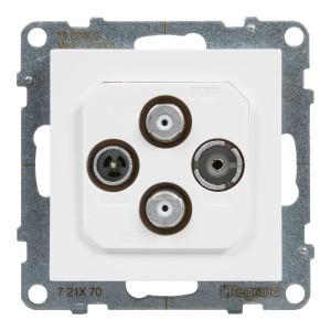 Białe gniazdo antenowe z czterema złączami (SAT, TV, R/TV, SAT2) do instalacji elektrycznej.