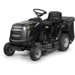 Czarny traktor ogrodowy Alpina AT4 84 A z koszem na trawę. Kompaktowa konstrukcja do trawników o powierzchni do 3000 m².