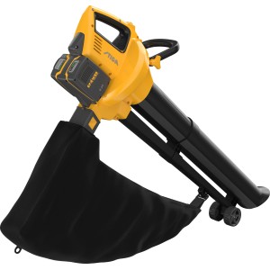 Akumulatorowa dmuchawa i odkurzacz do liści Stiga VS 100e z akumulatorami i ładowarką. Żółto-czarne narzędzie kombi z workiem na odpady.