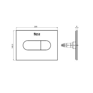Rysunek techniczny: Przycisk spłukujący Roca do spłuczek WC z wymiarami.