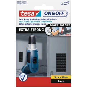 Tesa On & Off bardzo mocne rzepy, 10x50mm, czarne, 2 sztuki. Samoprzylepne taśmy do mocowania.