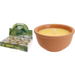 Świeca citronella w doniczce terakotowej, żółty wosk, odstraszacz komarów.