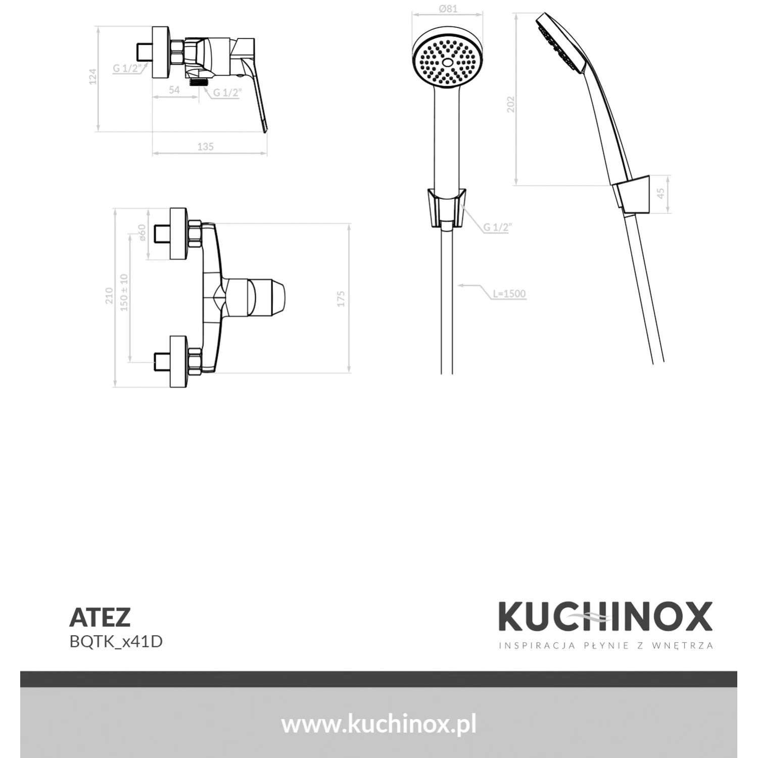 Kuchinox Bateria natryskowa ścienna z zestawu natryskowego Atez chrom_2