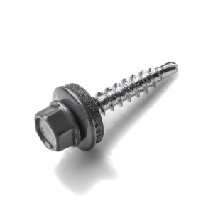 Szara wkręt do blachy z wiertłem i podkładką uszczelniającą.
