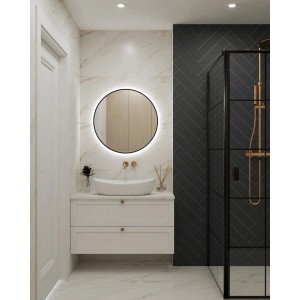 Nowoczesna łazienka z okrągłym lustrem LED, białą szafką i czarnym prysznicem.