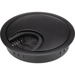 Czarna przelotka kablowa do mebli, akcesorium do schludnego zarządzania kablami na biurku.