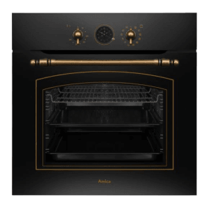 Czarny piekarnik do zabudowy ze złotymi akcentami. Stylowy design do kuchni.