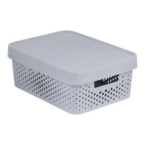 Szary pojemnik do przechowywania t.b.t. z pokrywką, plastikowy, perforowane boki.