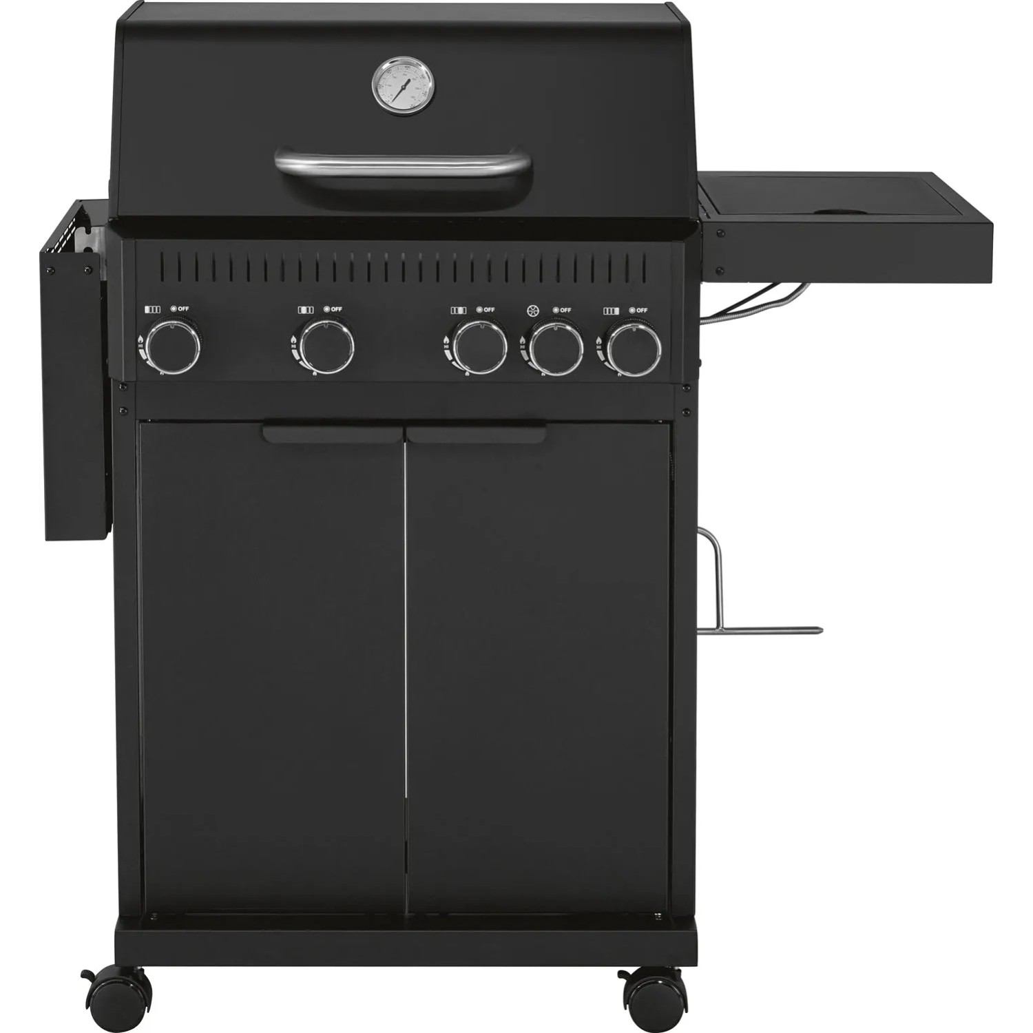 Czarny grill gazowy t.b.t. z czterema palnikami, bocznym stolikiem i szafką.