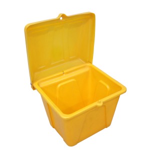 Żółty pojemnik na sól drogową z pokrywą do przechowywania soli lub piasku.